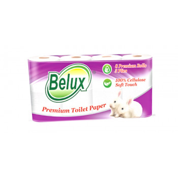 Туалетная бумага BELUX  3х слоя, 8 рулонов в уп, 6 упаковок в п\э мешке